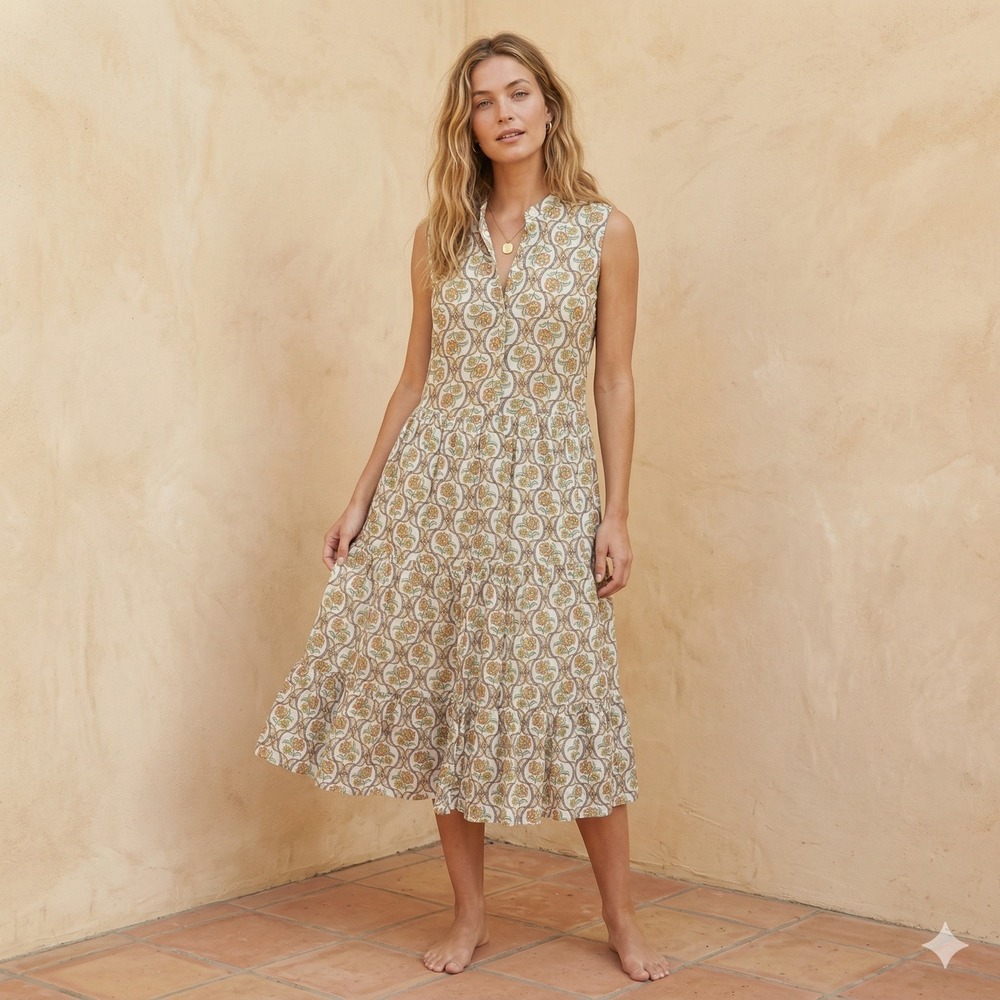 Sleeveless Midi Dress in Neutral Paisley Print - Cream/Tan